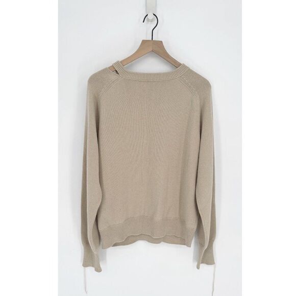 Helmut Lang Distressed V-Neck Sweater Wool Cashmere Raglan Sleeve Tan Women's L - Picture 5 of 7
